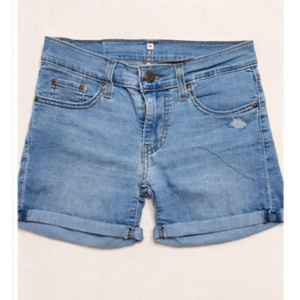 Levis Mid Rise Cuffed Denim Shorts Light Wash Blue Distressed Size 24